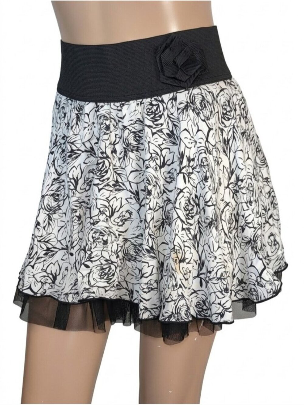 Vintage Y2K Wet Seal Floral Mini Skirt White Black Mesh Trim Womens Size Small